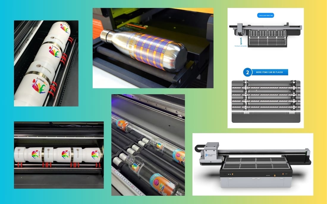 Mô phỏng dạng máy in UV phẳng kết hợp thêm dụng cụ để in trụ tròn